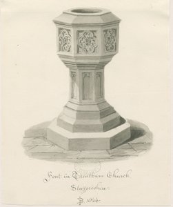 Skrifttype i Trentham Church: sepia-tegning, 1844 af John Buckler