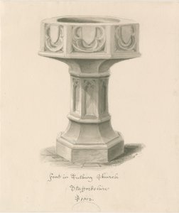 Skrifttype i Tutbury Priory Church: sepia vask tegning af John Buckler