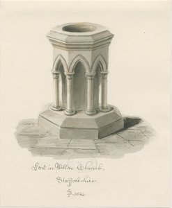 Skrifttype i Walton-on-the-Hill Church: sepia vask tegning af John Buckler