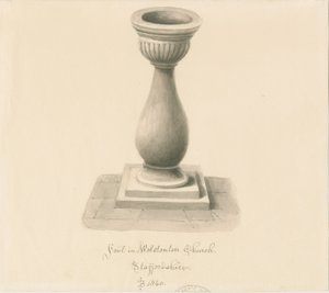 Skrifttype i Wolstanton Church: sepia tegning af John Buckler