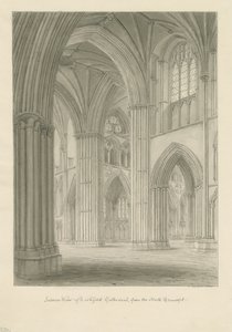 Interiør af Lichfield Cathedral - Krydsning fra det nordlige tværskib: sepia-tegning af John Buckler