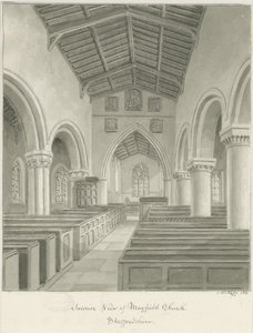 Interior of Mayfield Church: sepia wash drawing, 1844dani af John Buckler