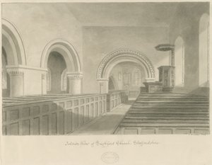 Interiør af Seighford Church: sepia tegning af John Buckler