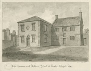 Leek Town - Grammar School: sepia drawing, 1844dani af John Buckler