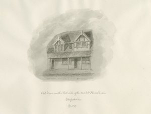Leek Town - gamle huse på markedspladsen: sepia-tegning af John Buckler