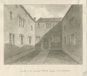 Lichfield - Court Yard of Old House in The Close: sepia-tegning af John Buckler