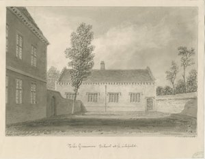 Lichfield - Grammar School: sepia tegning af John Buckler