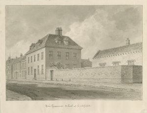 Lichfield - Grammar School: sepia tegning af John Buckler