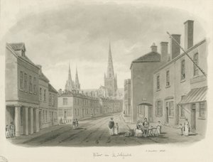 Lichfield - Udsigt over gaden: sepia-tegning, 1843 af John Buckler