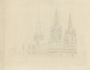 Lichfield Cathedral - North West View: radering, 1807 af John Buckler