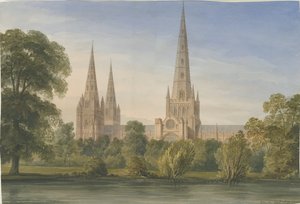 Lichfield Cathedral - South South East View: vandfarvemaleri, 1842 af John Buckler