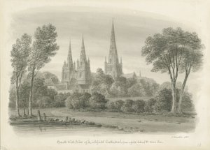 Lichfield Cathedral - South West View: sepia tegning af John Buckler