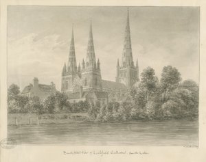 Lichfield Cathedral - South West View: sepia tegning af John Buckler