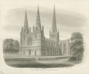 Lichfield Cathedral - South West View: sepia tegning af John Buckler