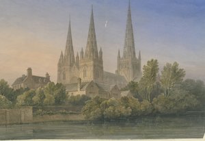 Lichfield Cathedral - South West View: vandfarvemaleri, 1839 af John Buckler