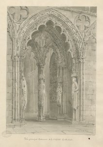 Lichfield Cathedral - West Doorway: sepia-tegning af John Buckler