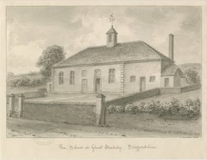 Madeley - Free School: sepia drawing, 1840dani af John Buckler