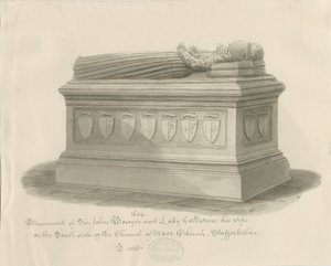 Maer Church - Monument to Sir John Bowyer and Lady Catherine: sepia wash drawing, 1843dani af John Buckler