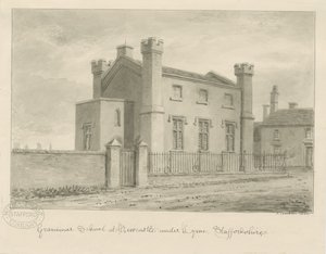 Newcastle-under-Lyme - Grammar School: sepia vask tegning, 1840 af John Buckler