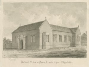 Newcastle-under-Lyme - National School: sepia vask tegning af John Buckler