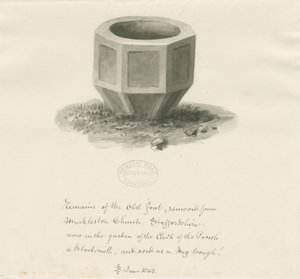 Gammel skrifttype fra Mucklestone Church: sepia vask tegning, juni 1843 (tegning) af John Buckler
