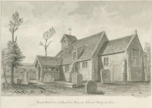 Rushton Spencer Church: sepia vask tegning, 1844 af John Buckler