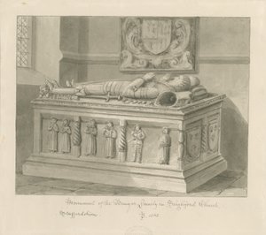 Seighford Church - Tomb of William and Mercy Bowyer: sepia vask tegning, 1842 af John Buckler