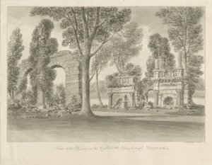 Shugborough - Ruiner i haven: sepia tegning af John Buckler