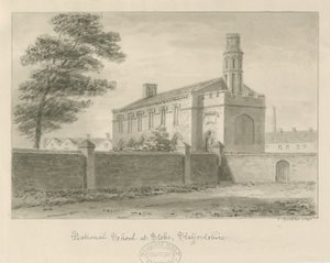 Stoke-upon-Trent - National School: sepia-tegning, 1840 af John Buckler