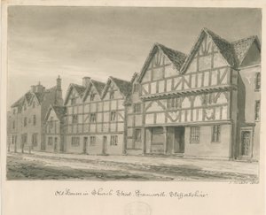 Tamworth - Gamle huse i Church Street: sepia vask tegning, 1838 af John Buckler