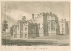 Tixall - Kapel i Tixall Hall: sepia vask tegning, 1841 af John Buckler