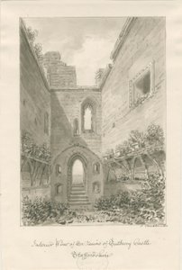 Tutbury Castle - Interior of Ruins: sepia vask tegning af John Buckler