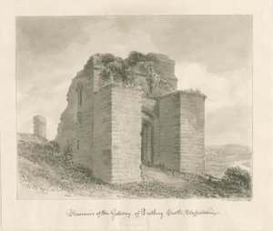 Tutbury Castle - Remains of the Gateway: sepia vask tegning af John Buckler