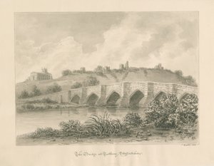 Tutbury Castle, Church and Bridge: sepia vask tegning af John Buckler