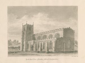 Tutbury Priory Church: sepia vask tegning, 1812 af John Buckler