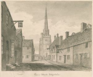 Uttoxeter Town - Street View: sepia tegning af John Buckler