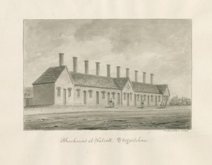 Walsall - Almshouses: sepia vask tegning af John Buckler
