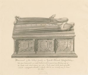 Yoxall Church - Monument over Wellys familie: sepia tegning af John Buckler
