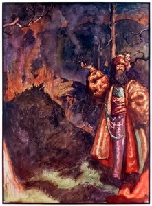 Demas fra The Pilgrims Progress From This World, To That What Is To Come af John Bunyan (1628-1688) Illustration af Byam Shaw (1872-1919), der viser Demas, der inviterer pilgrimmene til at arbejde i sølvminen af John Byam Liston Shaw