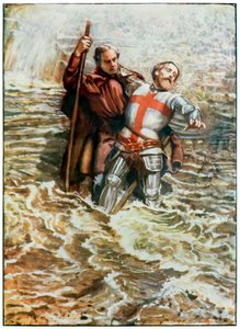 Hopeful hjælper Christian med at krydse floden fra The Pilgrims Progress From This World, To That Who Is To Come af John Bunyan (1628-1688) Illustration af Byam Shaw (1872-1919), pilgrimmene krydser af John Byam Liston Shaw