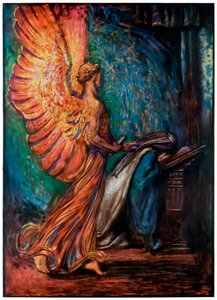 Budbringeren kommer til Christiana fra The Pilgrims Progress From This World, To That Who Is To Come af John Bunyan (1628-1688) Illustration af Byam Shaw (1872-1919), en engel ankommer og tilkalder Chri af John Byam Liston Shaw