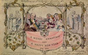 Julekort, eksempel på det første kendte julekort, der blev brugt, 1843 (håndfarvet akvarel på tryk) (for originalt design se 14897)
