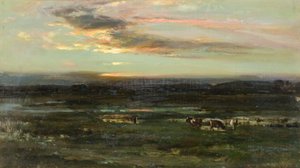 Sunset, Badendoch (olie om bord) af John Campbell Mitchell