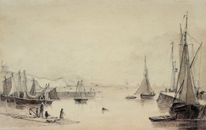 Folkestone Harbor with Shipping, Shakespeares Cliff in the Distance, 1800-tallet af John Carpenter