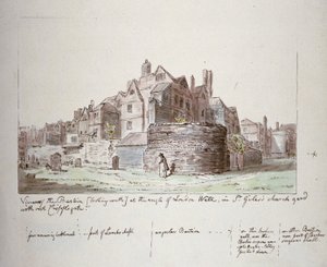 Bastion i vinklen af London Wall, St Giles uden Cripplegate kirkegård, City of London, 1779