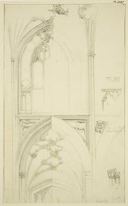 Detaljer om Clerestory Window Tracery og Vaulting of the Aisle nedenfor, i St Mary Redcliffe (blyant og akvarel på papir)