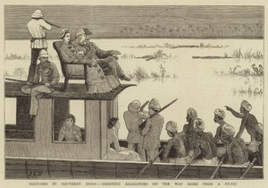 Skitser i det sydlige Indien, der skyder alligatorer på vej hjem fra en picnic af John Charles Dollman