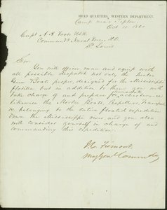 Brev underskrevet J.C. Fremont, generalmajor, øverstkommanderende, vestlige afdeling, lejr nær Tipton, til kaptajn A.H. Foote, U.S.N. Kommanderende flådestyrker H.D., St. Louis, 11. oktober 1861 af John Charles Frémont