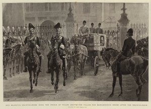 Hendes Majestæts Tegnestue, H.K.H. Prinsen af Wales forlader paladset for at gå til Marlborough House efter Tegnestuen af John Charlton