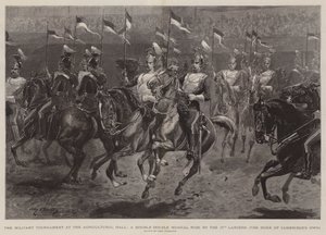 Militærturnering i Agricultural Hall, en dobbelt dobbelt dobbelt musikalsk ridt af 17th Lancers, Duke of Cambridge